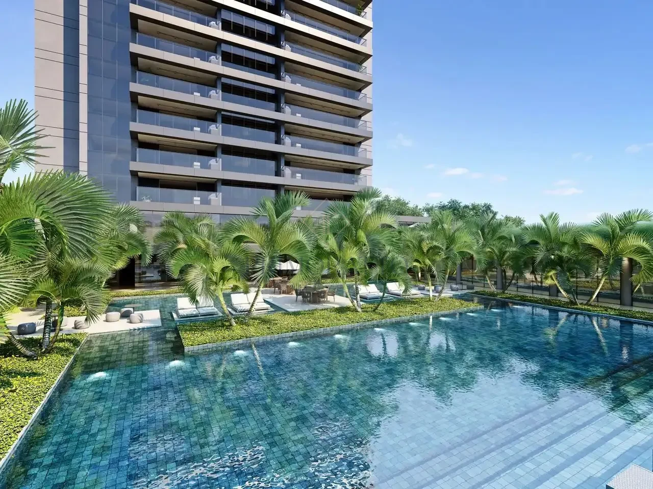 Piscina externa com deck e paisagismo